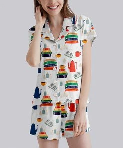 Nanu White & Rainbow Books & Coffee Button-Up Pajama Set - Plus