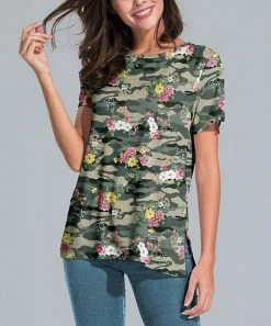 Nanu Green & Pink Floral Camo Slit-Sleeve Split-Hem Tunic - Plus