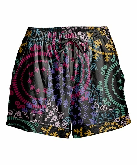 Nanu Black & Pink Colorful Mandalas Drawstring Pocket Cuffed-Hem Shorts - Plus 1 Nanu Black & Pink Colorful Mandalas Drawstring Pocket Cuffed-Hem Shorts - Plus