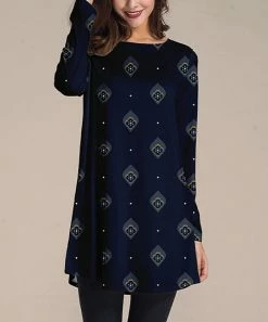 Nanu Dark Blue Geometric Long-Sleeve Tunic - Women & Plus