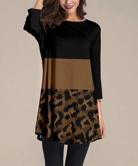 Nanu Black & Brown Leopard Color Block Three-Quarter Sleeve Tunic - Women & Plus 1 Nanu Black & Brown Leopard Color Block Three-Quarter Sleeve Tunic - Women & Plus