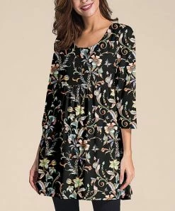 Nanu Black Multicolor Floral Three-Quarter Sleeve Empire-Waist Tunic - Women