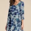 Nanu Blue & Turquoise Floral Three-Quarter Sleeve Empire-Waist Tunic - Women