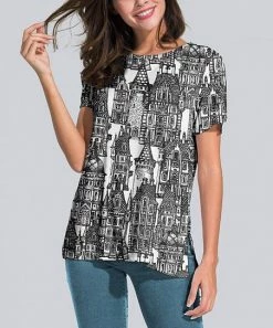 Nanu Black & White Buildings Slit-Sleeve Split-Hem Tunic - Plus