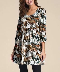 Nanu White & Brown Horses Three-Quarter Sleeve Empire-Waist Tunic - Women