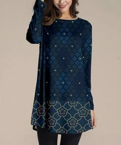 Nanu Dark Blue Geometric Quatrefoil Long-Sleeve Tunic - Women & Plus