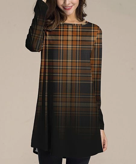 Nanu Orange & Black Ombré Plaid Long-Sleeve Tunic - Plus 1 Nanu Orange & Black Ombré Plaid Long-Sleeve Tunic - Plus