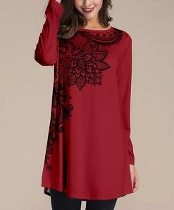 Nanu Dark Red & Black Lace-Print Long-Sleeve Tunic - Plus