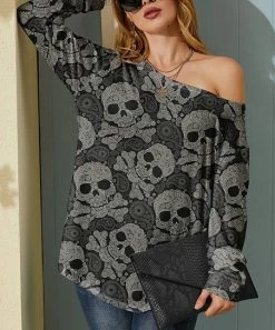 Nanu Black & Gray Skulls Hacci Boatneck Dolman Pullover - Plus