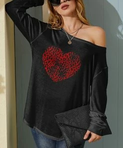 Nanu Black & Red Leopard Heart Hacci Boatneck Dolman Pullover - Women