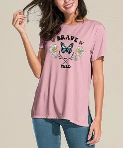 Nanu Pink 'Brave' Daisy Butterflies Slit-Sleeve Split-Hem Tunic - Women