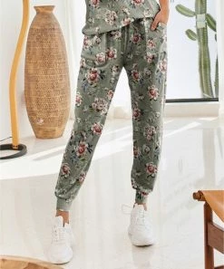 Nanu Gray & Green Floral Hacci Joggers - Women