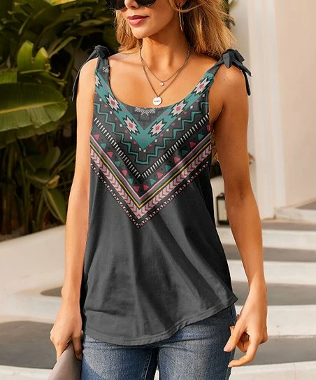 Nanu Gray-Black & Blue Abstract Bow-Strap Tank - Women 1 Nanu Gray-Black & Blue Abstract Bow-Strap Tank - Women