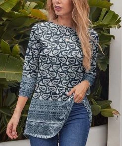 Nanu Dark Blue & White Paisley Three-Quarter Sleeve Tunic - Women