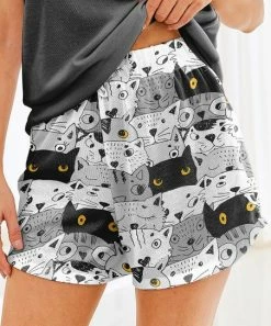 Nanu Black & Gray Cats Hacci Drawstring Shorts - Women