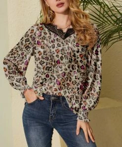 Nanu Brown Multicolor Leopard Lace V-Neck Chiffon Tunic - Women