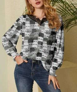 Nanu Black & Gray Cats Lace V-Neck Chiffon Tunic - Women