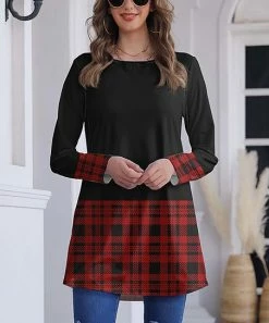 Nanu Black & Red Plaid Color Block Long-Sleeve Tunic - Women