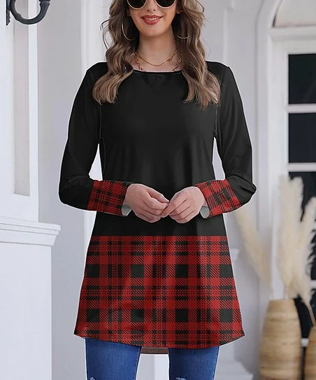 Nanu Black & Red Plaid Color Block Long-Sleeve Tunic - Women 1 Nanu Black & Red Plaid Color Block Long-Sleeve Tunic - Women