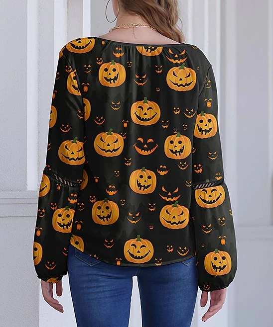 Nanu Black & Orange Pumpkin V-Neck Chiffon Tunic - Women 2 Nanu Black & Orange Pumpkin V-Neck Chiffon Tunic - Women - Image 2