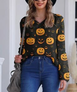 Nanu Black & Orange Pumpkin V-Neck Chiffon Tunic - Women