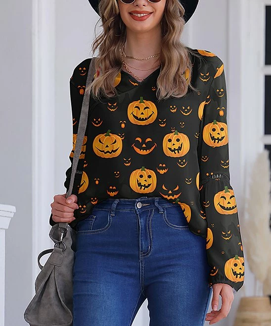 Nanu Black & Orange Pumpkin V-Neck Chiffon Tunic - Women 1 Nanu Black & Orange Pumpkin V-Neck Chiffon Tunic - Women