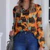 Nanu Orange & Brown Cats & Pumpkins V-Neck Chiffon Tunic - Women