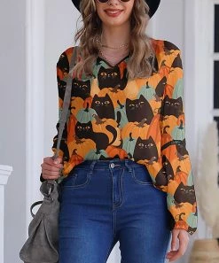 Nanu Orange & Brown Cats & Pumpkins V-Neck Chiffon Tunic - Women