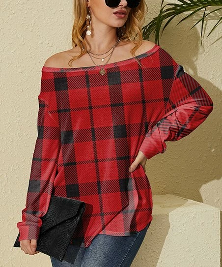 Nanu Red & Black Plaid Hacci Boatneck Dolman Pullover - Plus 1 Nanu Red & Black Plaid Hacci Boatneck Dolman Pullover - Plus